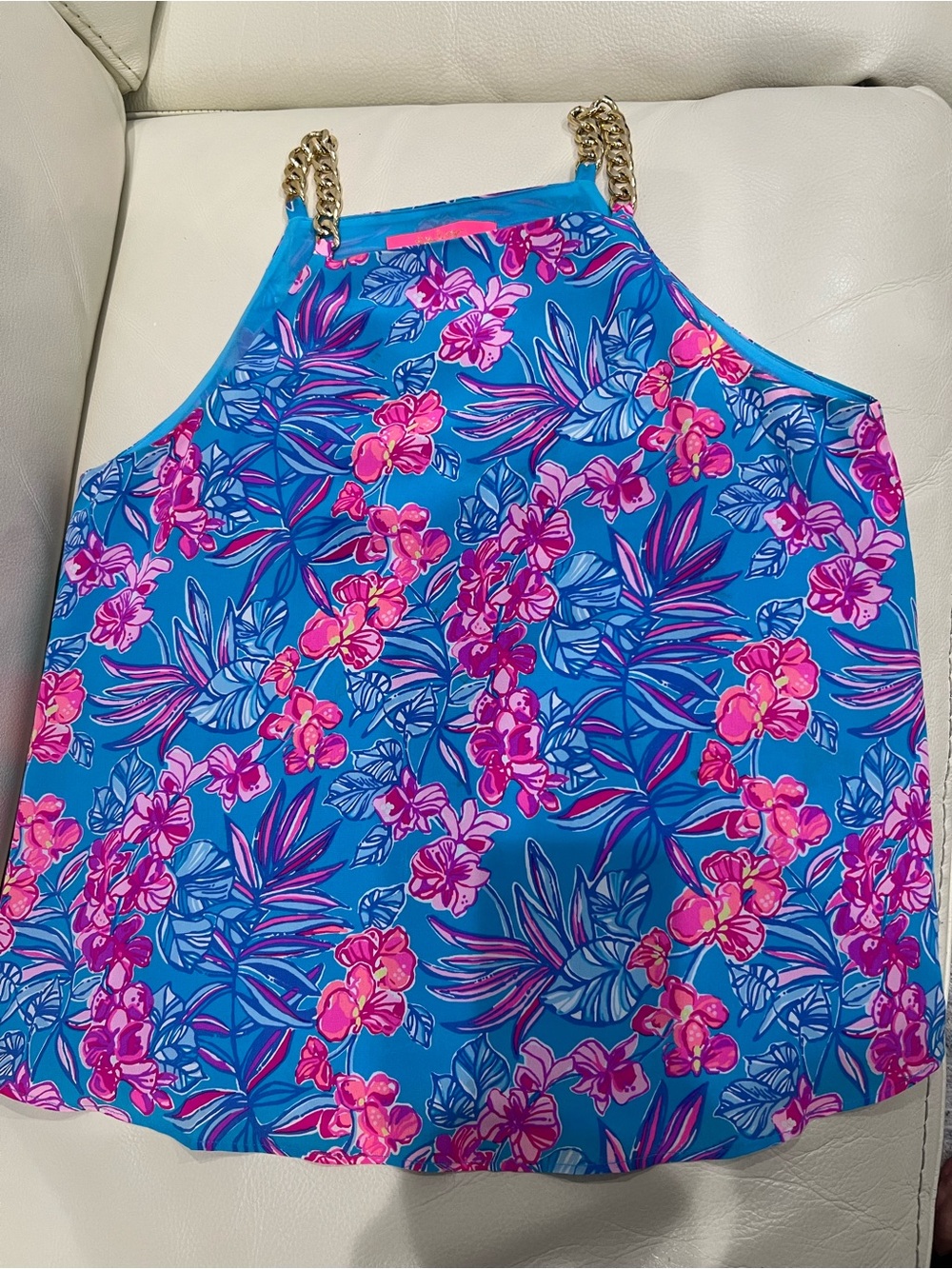 Lilly Pulitzer Blue Halter Mini Top with Pink Floral Print and Gold Chain Straps
